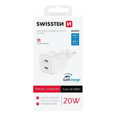 Nabíječka SWISSTEN Power Delivery 2x USB-C 20W bílá