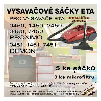 Sáčky do vysavače ETA 0450, 1450, 2450, 3450, 7450, 0451, 7451, Proximo, Demon, Galaxie, 5+3 ks,