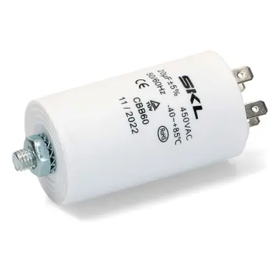 Rozběhový kondenzátor 20.0 uF ( 20uf ) 450V 50/60Hz CBB60 SKL, konektory faston 6.3mm, motorový 