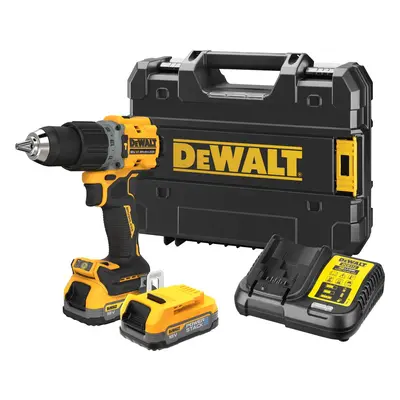 DCD805E2T DEWALT 18V XR AKU BEZUHLÍKOVÁ PŘÍKLEPOVÁ VRTAČKA, 2 X 1,7 AH BATERIE POWERSTACK, NABÍJ