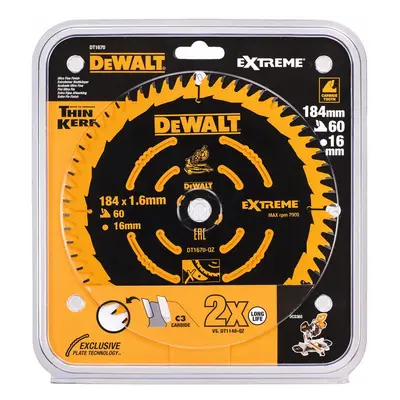 DT1670 DEWALT PILOVÝ KOTOUČ 184 X 16 MM, 60 ZUBŮ, ATB +7°, VELMI JEMNÝ ŘEZ