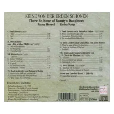 CD Fanny Mendelssohn Hensel: Keine Von Der Erden Schönen = There Be None Of Beauty's Daughters (