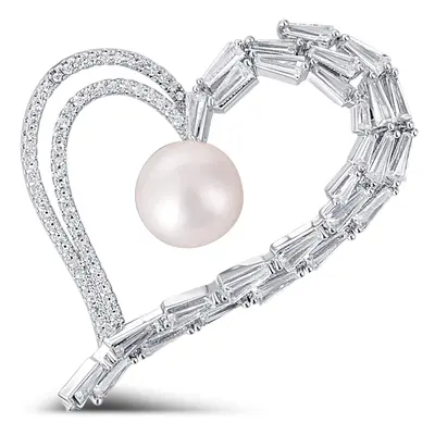 JwL Luxury Pearls Třpytivá brož asymetrické srdce s pravou perlou a krystaly JL0696