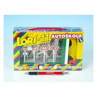 LORI 11 Stavebnice Autoškola Dopravní značky 16ks+2 kužely+auto plast v krabici 22x13x6cm