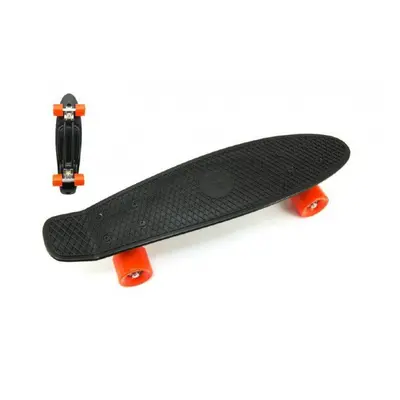 Skateboard - pennyboard 60cm nosnost 90kg, kovové osy, černá barva, oranžová kola