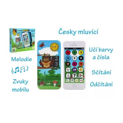 Naučný mobilní telefon s krytem Moudrá sova plast na baterie se zvukem v krabici 22x18x3,5cm 12m