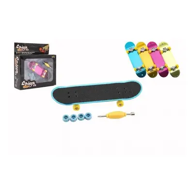 Skateboard prstový šroubovací plast 9cm s doplňky 4 barvy v krabičce 14x14x4cm