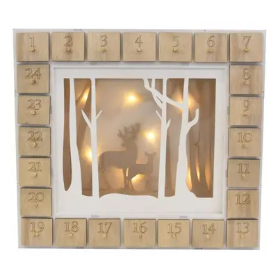 Dřevěný adventní kalendář s lesním motivem, 7 LED, baterie, časovač