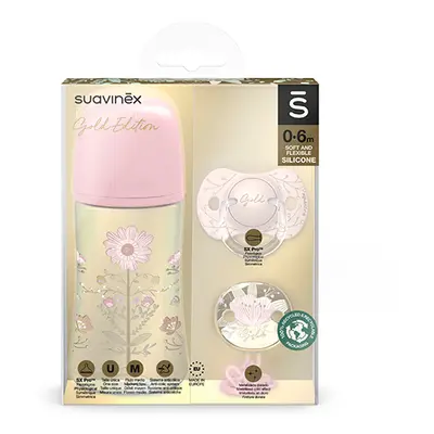 SUAVINEX - Gold Set Láhev 270Ml + Dudlík Fyziologický 0/6 + Klip Gold - Růžová