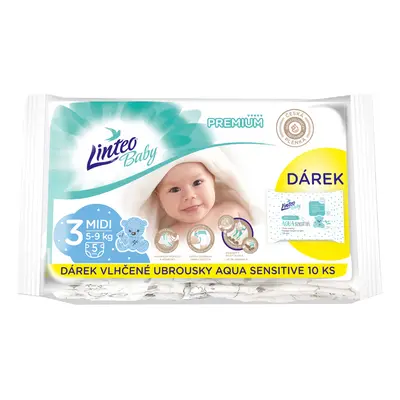 LINTEO - Baby premium Midi jednorázové plenky (5-9kg) 5ks + dárkové vlhčené ubrousky AQUA SENSIT