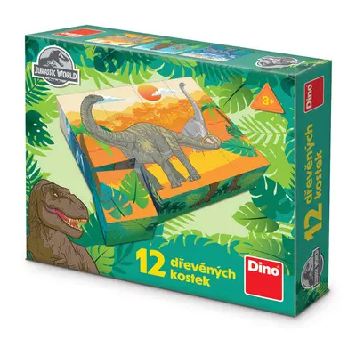 DINOTOYS - Dřevěné licenční kostky Jurský svět – 12 kostek