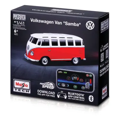 MAISTO - RC - DIE-CAST METAL se světly, 1:41, Volkswagen Van Samba, červená, 2,4GHz, USB,XTR,Blu