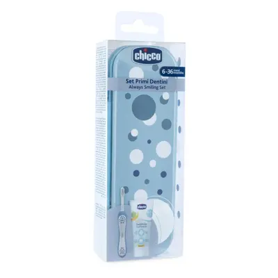 CHICCO - Set zubní kartáček a pasta v pouzdře Always smiling - light blue, 6m+