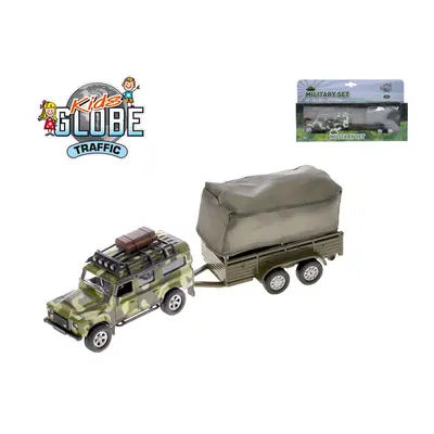 MIKRO TRADING - Kids Globe Traffic Land Rover Defender Military 14,5cm kov zpětný chod s přívěse