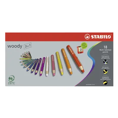 STABILO - Pastelky woody 3 v 1 - barvička, vdodovka, voskovka - 18 ks + ořezávátko