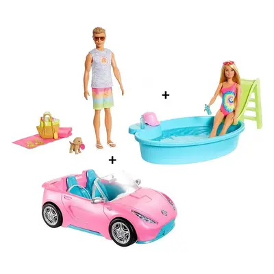 Mattel Barbie GJB71 Elegantní kabriolet + Barbie, bazén se skluzavkou a Ken