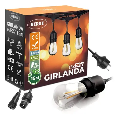 BERGE Venkovní dekorační řetěz GIRLAND - 16x E27 1W - 230V - IP44 - 15m