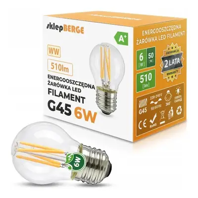 BERGE LED žárovka - E27 - G45 - 6W - 510Lm - filament - teplá bílá