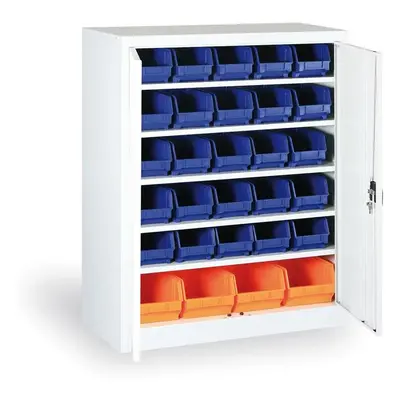 Skříň s plastovými boxy BASIC - 1150 x 400 x 920 mm, 30xB/4xC, šedá/modré dveře