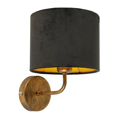 Vintage nástěnná lampa zlatá s odstínem černého sametu - Matt