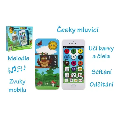 Naučný mobilní telefon moudré sovy s krytem, plast, na baterie se zvukem, 22x18x3,5 cm 12m+