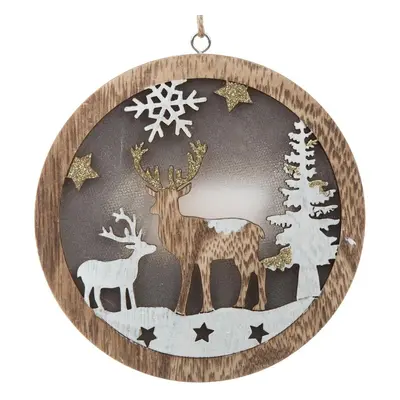 Dřevěná závěsná ozdoba s LED světlem Fawn, 13 x 13 x 2,5 cm