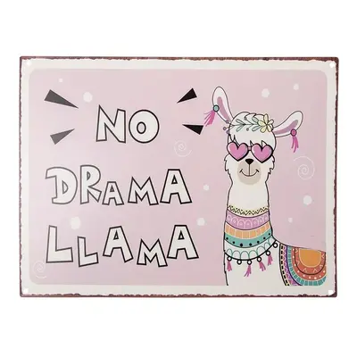 Růžová nástěnná kovová cedule No Drama Llama - 33*1*25 cm