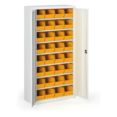 Skříň s plastovými boxy BASIC - 1800 x 400 x 920 mm, 32xC, šedá/šedé dveře