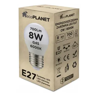 ecoPLANET LED žárovka E27 - G45 - 8W - 700lm - studená bílá