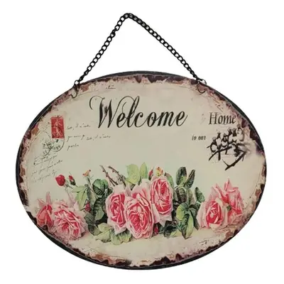 Závěsná kovová cedule s růžemi a řetízkem Welcome - 25*20 cm