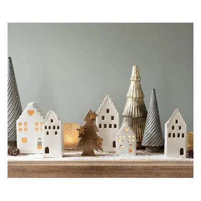 Béžová dekorace porcelánový domek s Led světýlky Christmas House L - 8*8*20 cm