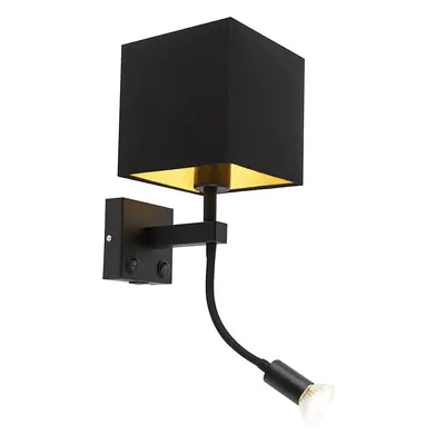 Moderní nástěnná lampa černá s USB a čtvercovým černým odstínem - Zeno