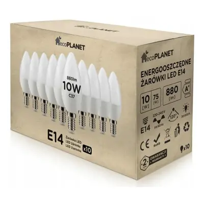 10x LED žárovka - ecoPLANET - E14 - 10W - svíčka - 880Lm - studená bílá