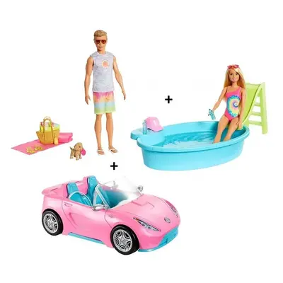 Mattel Barbie GJB71 Elegantní kabriolet + Barbie, bazén se skluzavkou a Ken