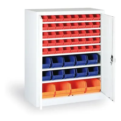 Skříň s plastovými boxy BASIC - 1150 x 400 x 920 mm, 32xA/12xB/4xC, šedá/modré dveře