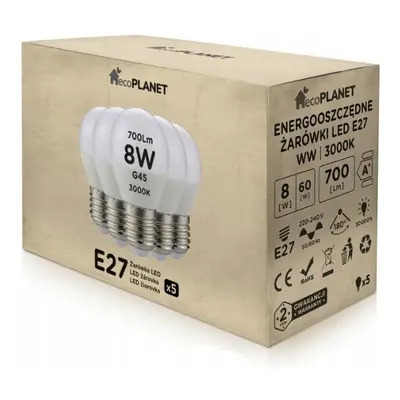 ecoPLANET 5x LED žárovka E27 - G45 - 8W - 700lm - teplá bílá