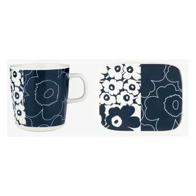 Marimekko Set Oiva Kollaasi Unikko velký hrnek a talířek Unikko 60th Anniversary tmavě modrý