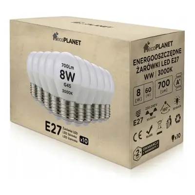 ecoPLANET 10x LED žárovka E27 - G45 - 8W - 700lm - teplá bílá