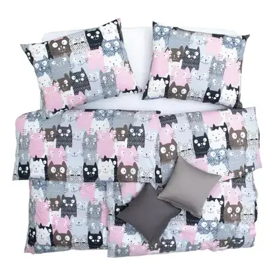 SCANquilt povlečení KLASIK DESIGN multi cats šedorůžová 140 x 200/70 x 90 cm