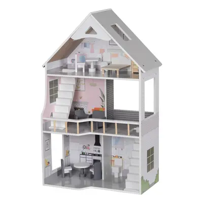 AIYAPLAY Puppenhaus aus Holz, 3-stöckiges Dollhaus mit 13 Möbelstücken und Zubehör, 85,3 cm Hoch