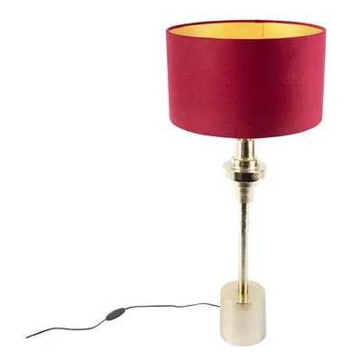 Stolní lampa ve stylu art deco se sametovým odstínem červená 35 cm - Diverso