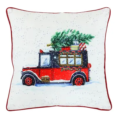 Polštář sametový s výplní, bílý - vánoční auto, 100% polyester, 45 x 45 cm.