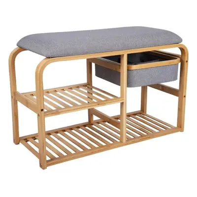 Bambusový botník s šedým polstrováním Leitmotiv Bench, šířka 70 cm