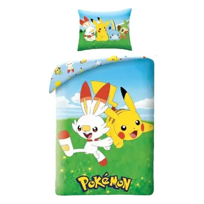 Bavlněné ložní povlečení Pokémoni - motiv Scorbunny a Pikachu - 100% bavlna - 70 x 90 cm + 140 x