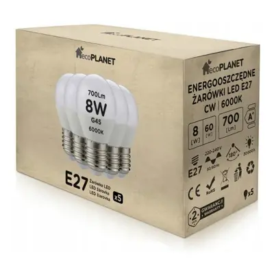 ecoPLANET 5x LED žárovka E27 - G45 - 8W - 700lm - studená bílá