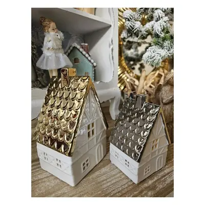 Béžová dekorace porcelánový domek s Led světýlky Christmas House M - 8*7*12 cm