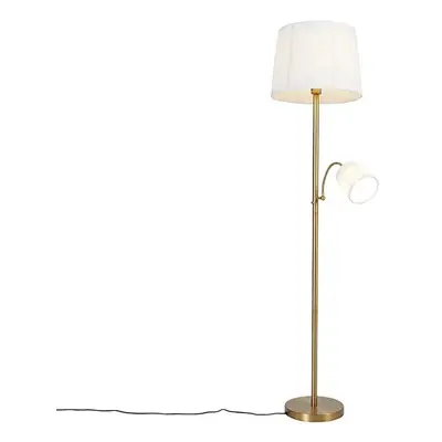 Klasická stojací lampa bronzová tkanina bílá s lampou na čtení - Retro