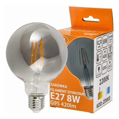 BERGE LED žárovka G95 - E27 - 8W - FILAMENT - kouřová - teplá bílá