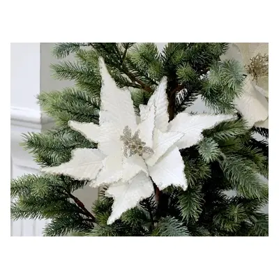 Bílá vánoční ozdoba květina hvězda Poinsettia na klipu - 25*6 cm