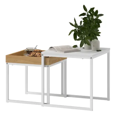 HOMCOM 2er-Set Couchtisch, Eckiger Beistelltisch, Kaffeetisch mit Stahlgestell, Sofatisch im mod